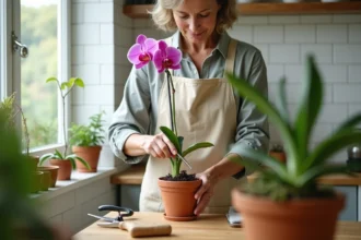 Femme qui taille délicatement une tige d'orchidée avec des ciseaux propres sur un rebord de fenêtre fleuri