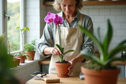 Femme qui taille délicatement une tige d'orchidée avec des ciseaux propres sur un rebord de fenêtre fleuri