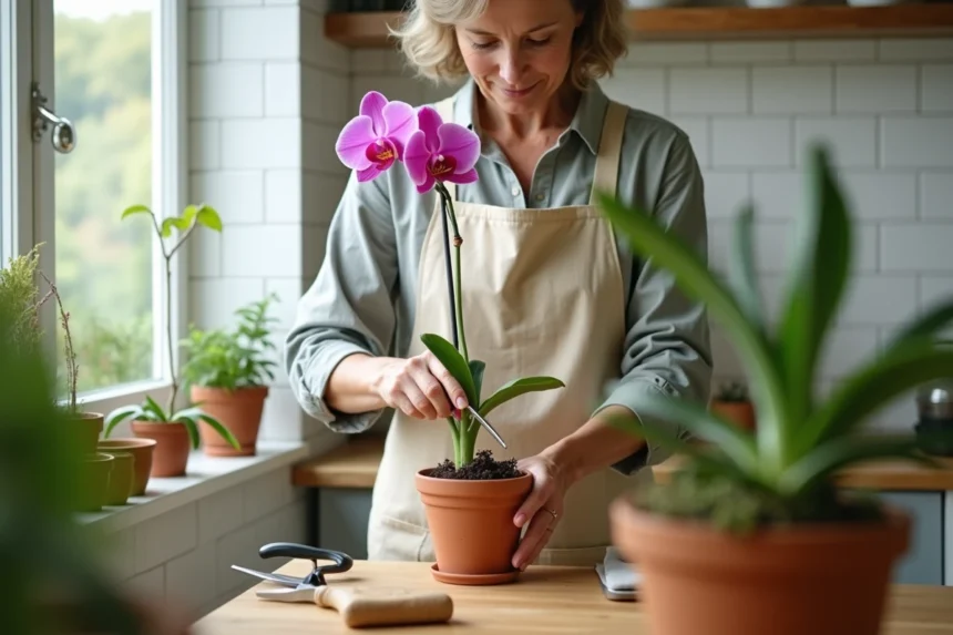 Femme qui taille délicatement une tige d'orchidée avec des ciseaux propres sur un rebord de fenêtre fleuri