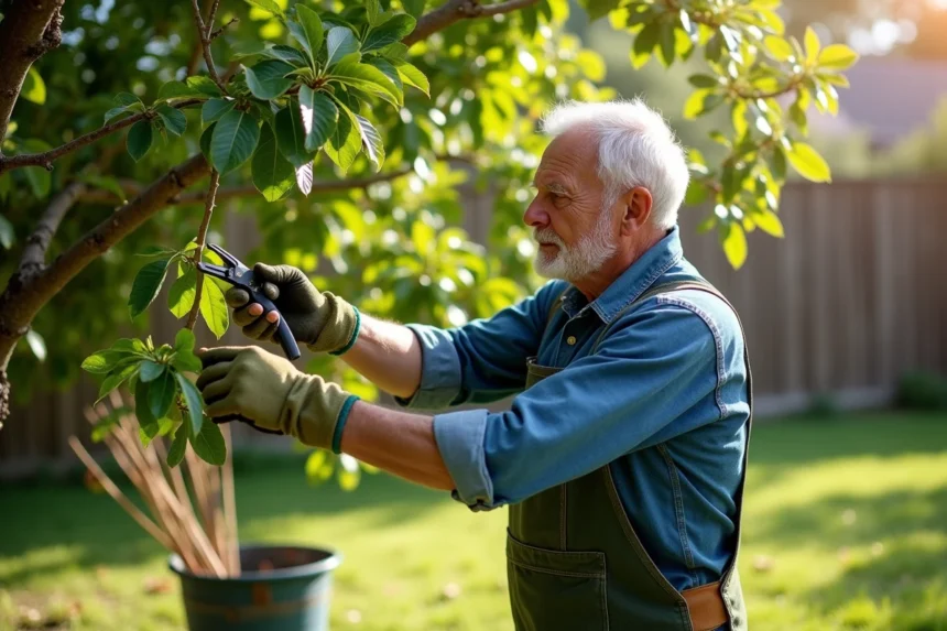 Jardinier adulte taillant un prunier en été avec un sécateur dans un jardin résidentiel verdoyant