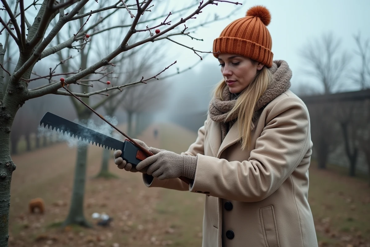 Femme taillant un prunier en hiver dans un verger rural avec branches nues et sol givré