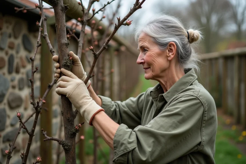 Jardinière taillant un rosier grimpant sur une pergola en bois dans un jardin de campagne française