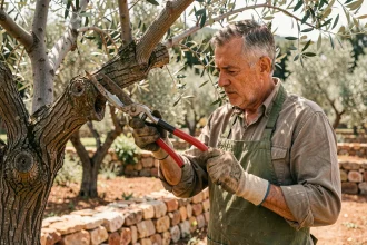 Jardinier expérimenté effectuant une taille sévère sur un olivier centenaire dans un jardin méditerranéen