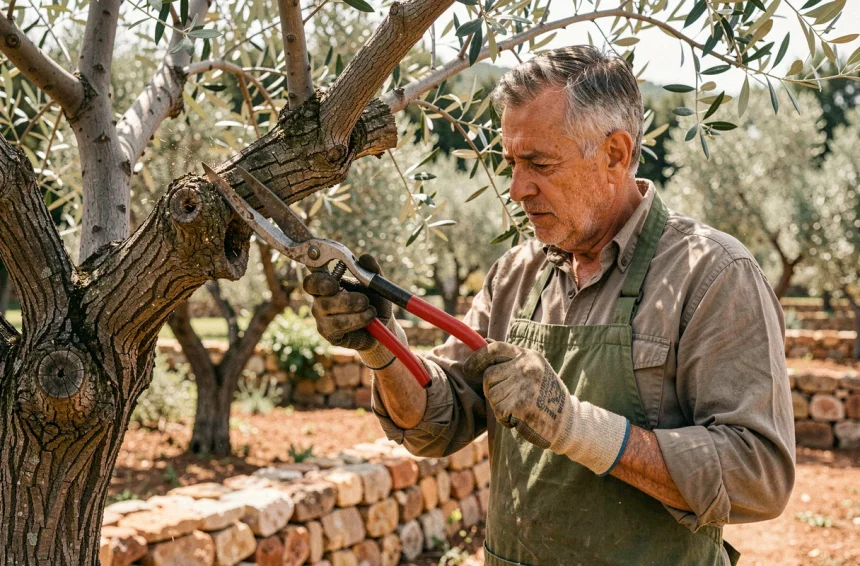 Jardinier expérimenté effectuant une taille sévère sur un olivier centenaire dans un jardin méditerranéen