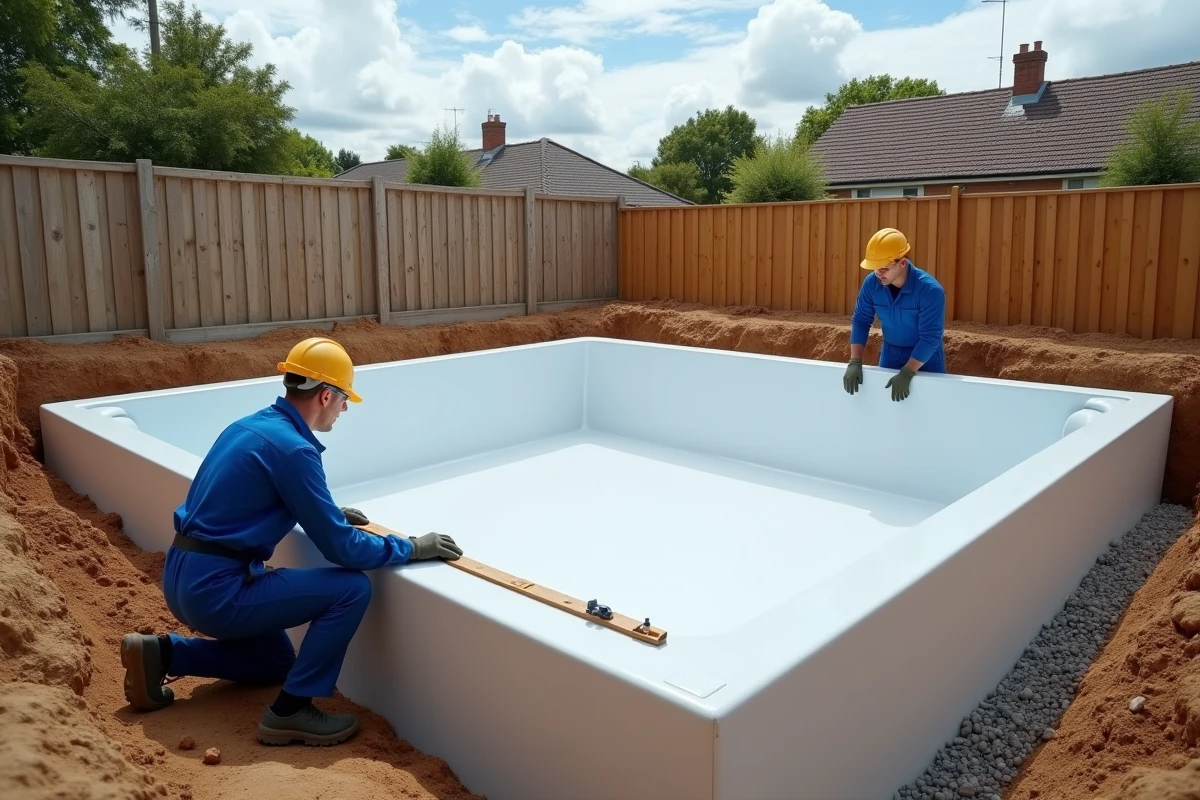 Techniciens ajustant et nivelant une coque de piscine en fibre de verre dans une excavation en milieu résidentiel