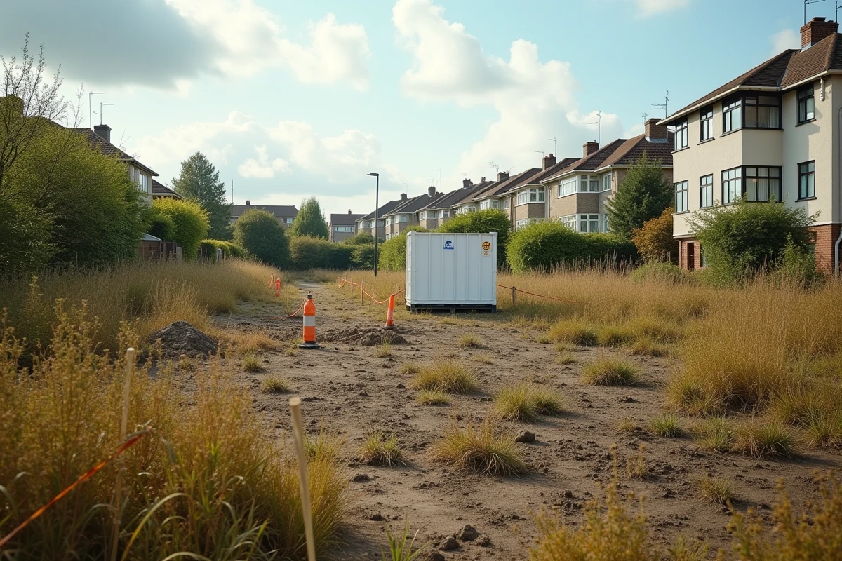 Terrain vague envahi de mauvaises herbes avec un bidon d'AdBlue posé au sol avant des travaux de construction
