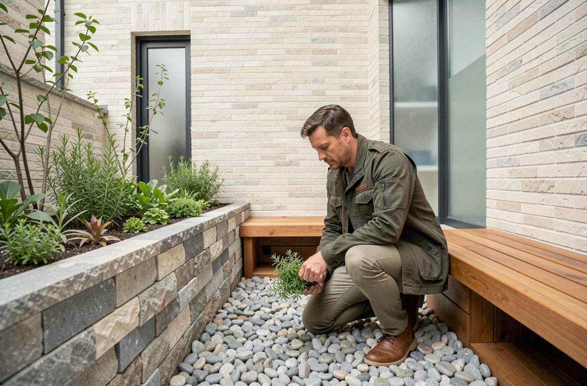 Terrasse étroite de maison de ville aménagée avec bancs de rangement intégrés, potager surélevé et galets décoratifs pour optimiser une petite surface extérieure