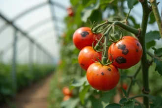 Tomates avec taches noires sur la peau cultivées en serre, lésions nécrotiques visibles sur fruits rouges
