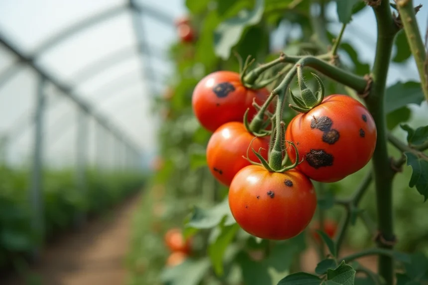 Tomates avec taches noires sur la peau cultivées en serre, lésions nécrotiques visibles sur fruits rouges