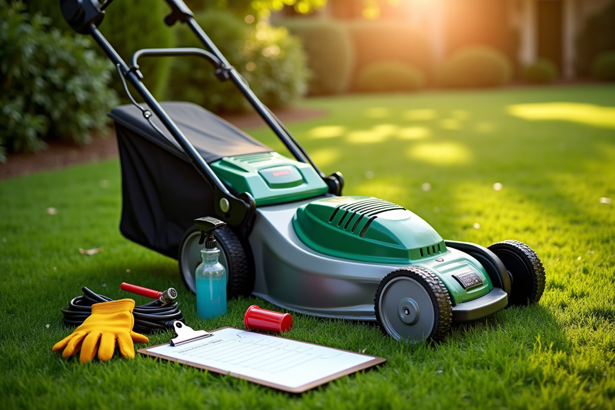 Tondeuse électrique sur pelouse bien entretenue avec outils à côté