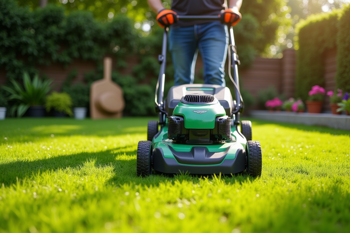Tondeuse électrique en action sur un jardin bien entretenu