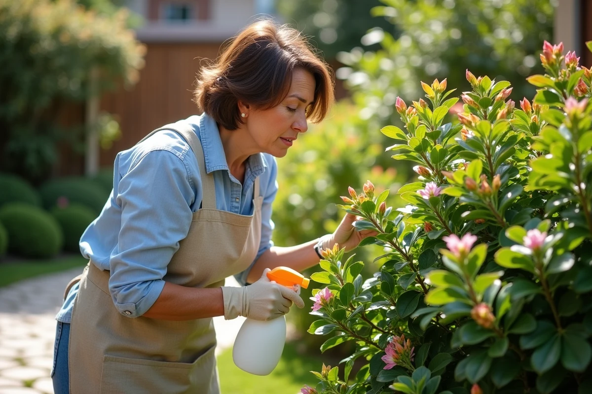 Jardinière inspectant un laurier rose atteint de pucerons dans un jardin particulier, avec spray de traitement naturel à la main