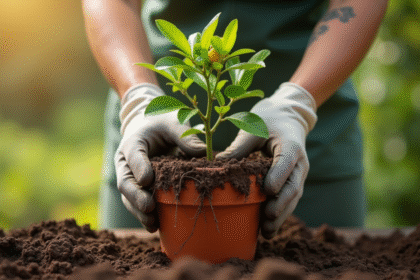 Personne transplantant un jeune citronnier en pot