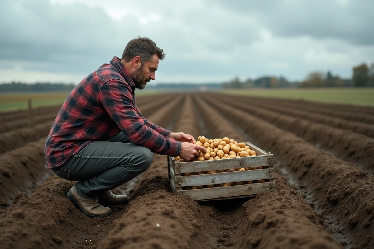 Agriculteur triant des pommes de terre récoltées dans un champ agricole avec des rangées de terre retournée en arrière-plan