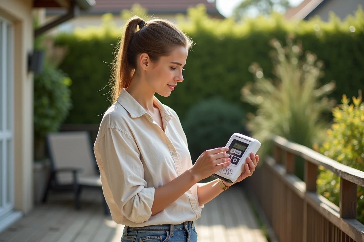 Femme examinant un piège à moustiques sur une terrasse en bois d'une maison française, expression attentive et satisfaite