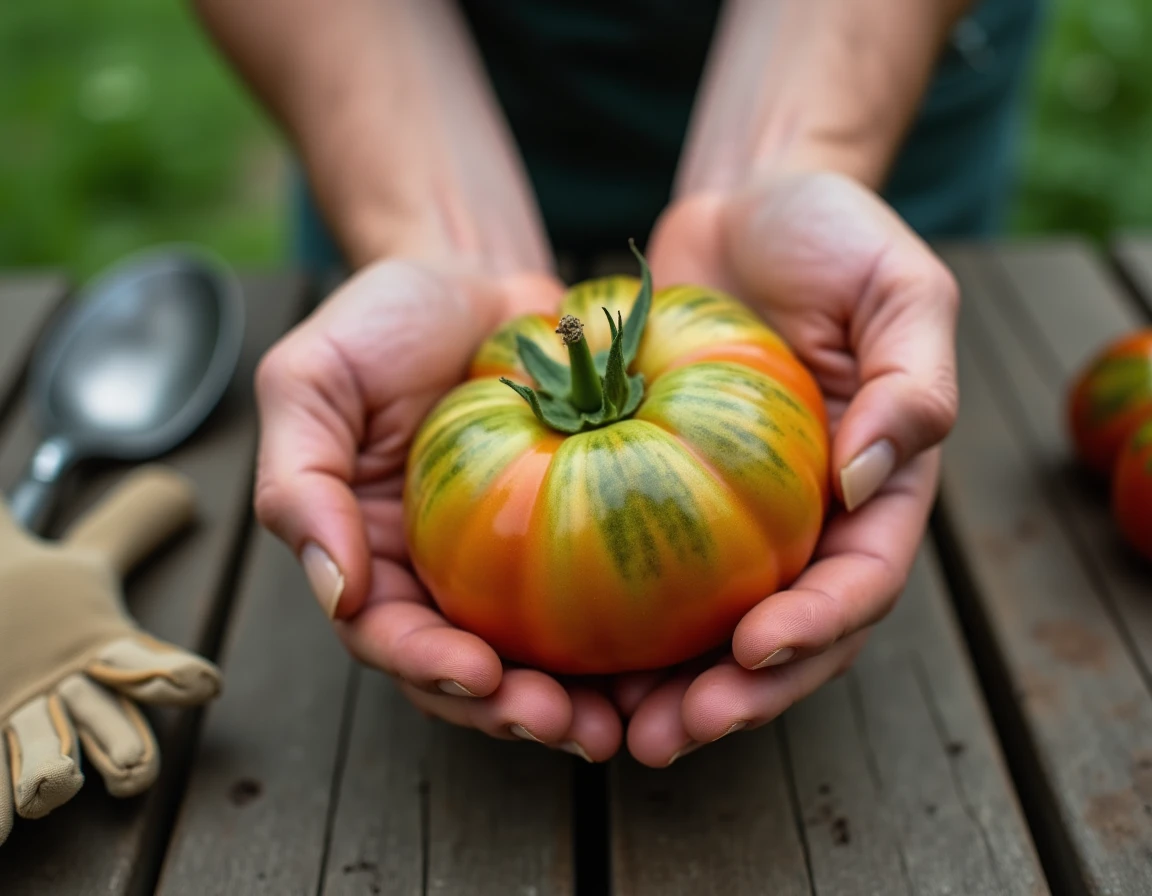 Jardinier tenant une tomate infectée par le virus de la mosaïque avec symptômes de marbrures jaunes et vertes