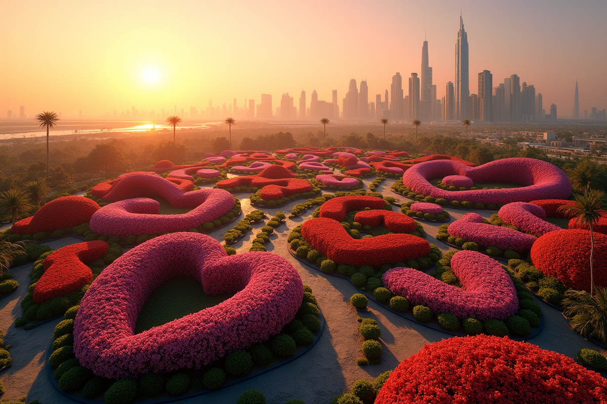 Vue aérienne du jardin miracle de Dubai au coucher de soleil